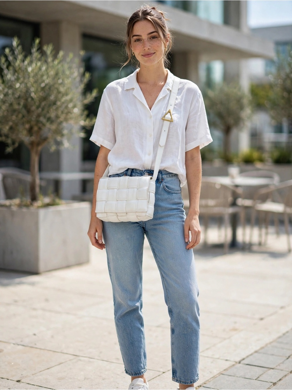 White Woven Leather Crossbody Bag with Gold Triangle Buckle